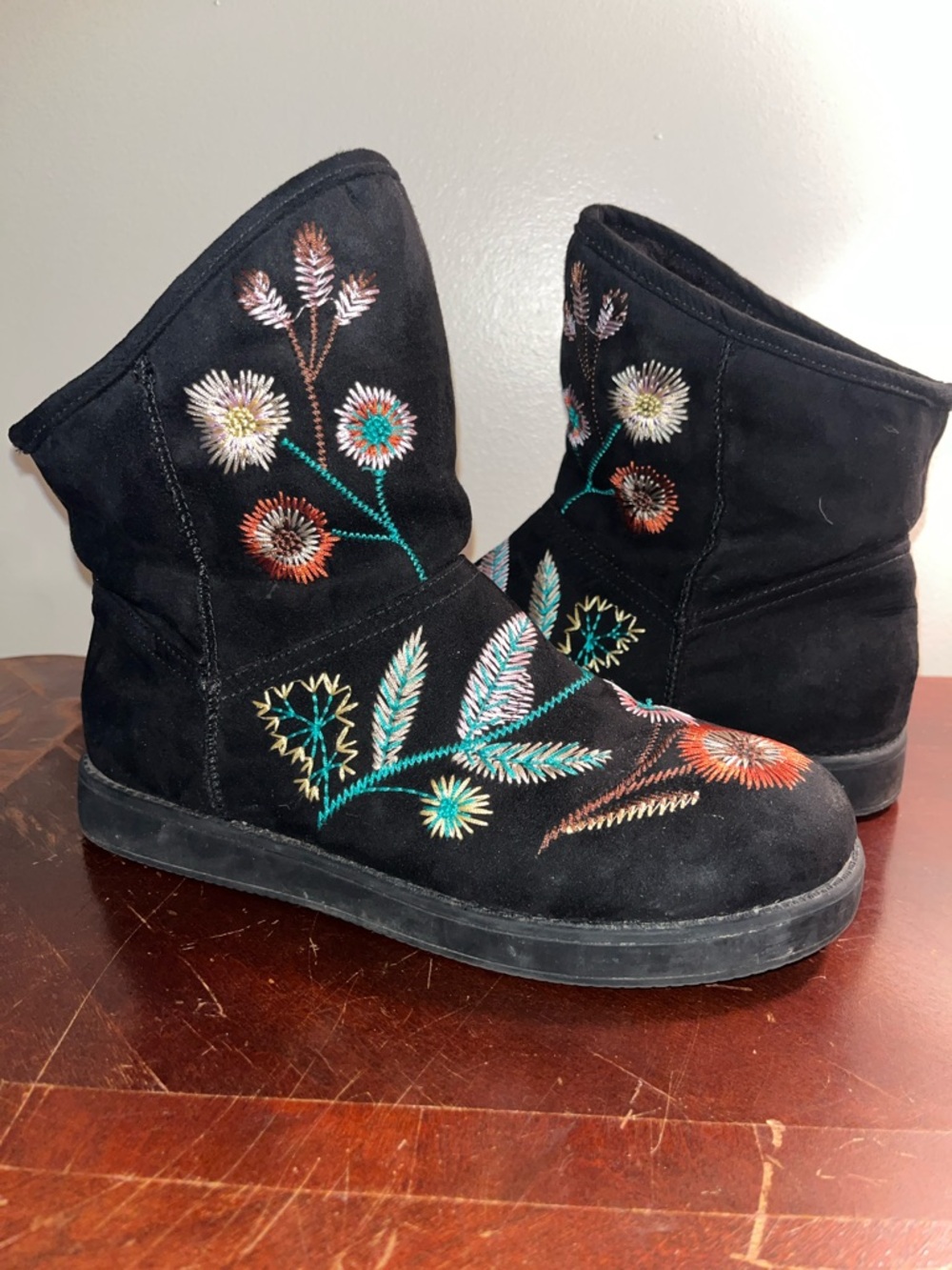 Indigo Black Suede Ankle Boots with Multicolor Floral Embroidery